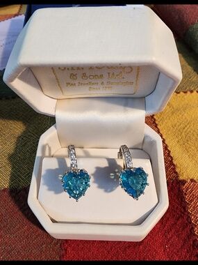 Sterling Silver '925 Blue Topaz Heart Crystal Drop Earrings Rhinestone Hoops